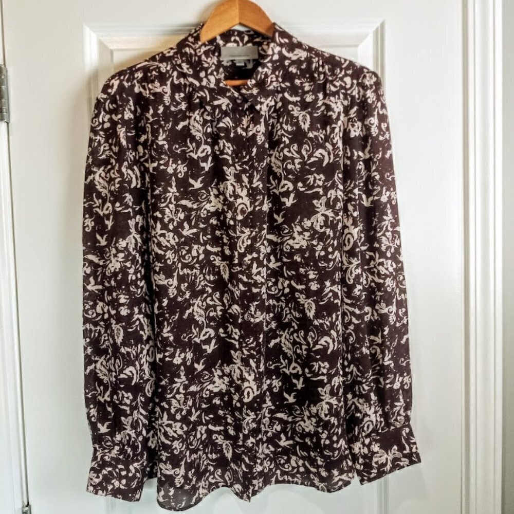 Classiques Entier Brown Cream Silk Long Sleeve Blouse